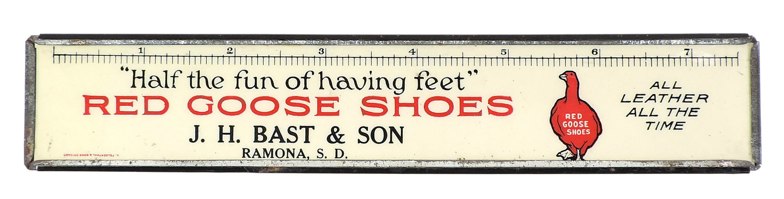 Red Goose Shoes Metal Ruler Box w/pencils & calligraphy pens, advertising J.H. Bast & Son, Ramona... - 2