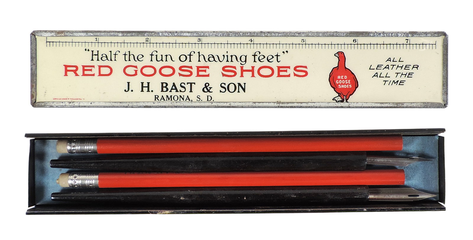 Red Goose Shoes Metal Ruler Box w/pencils & calligraphy pens, advertising J.H. Bast & Son, Ramona... - 3