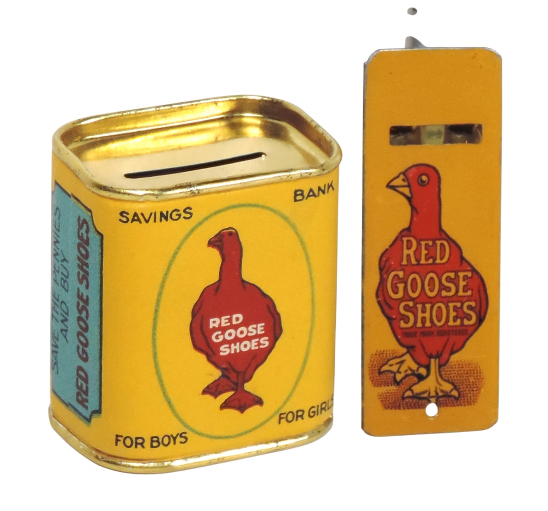 Red Goose Shoes Promotional Bank & Whistle, bank is advertising Friedman-Shelby all Leather Shoes...: Red Goose Shoes Promotional Bank & Whistle, bank is advertising Friedman-Shelby all Leather Shoes, stamped F.L. Rand Co., St. Louis, paper label over tin & litho on tin whistle, Kirchhof Newark,