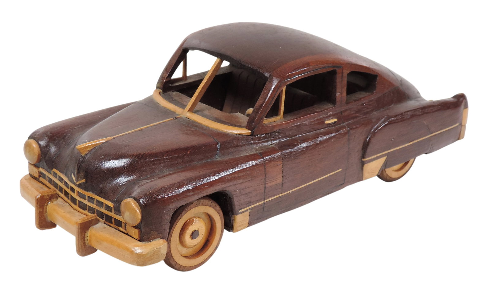 Handcarved Wooden Car Model by the renown carver Harold Kloss, mahogany version of a 1949 Cadillac,: Handcarved Wooden Car Model by the renown carver Harold Kloss, mahogany version of a 1949 Cadillac, expertly detailed & in Exc cond, H 3.5 x W 11.5 in.