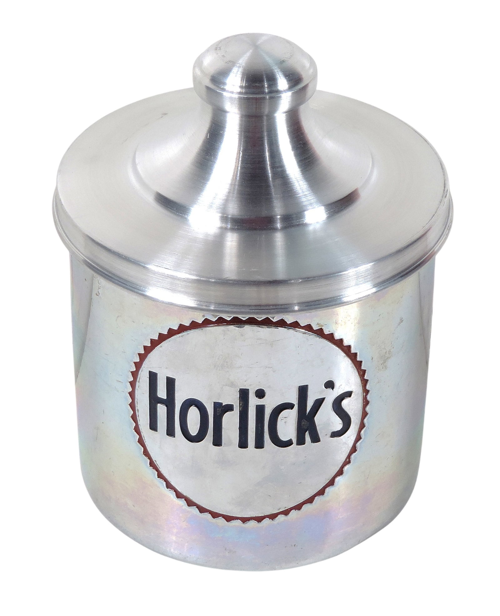 Horlick's Malted Milk Container, aluminum, c. mid 1900s, VG cond, H 8.5 x W 6 in.: Horlick's Malted Milk Container, aluminum, c. mid 1900s, VG cond, H 8.5 x W 6 in.