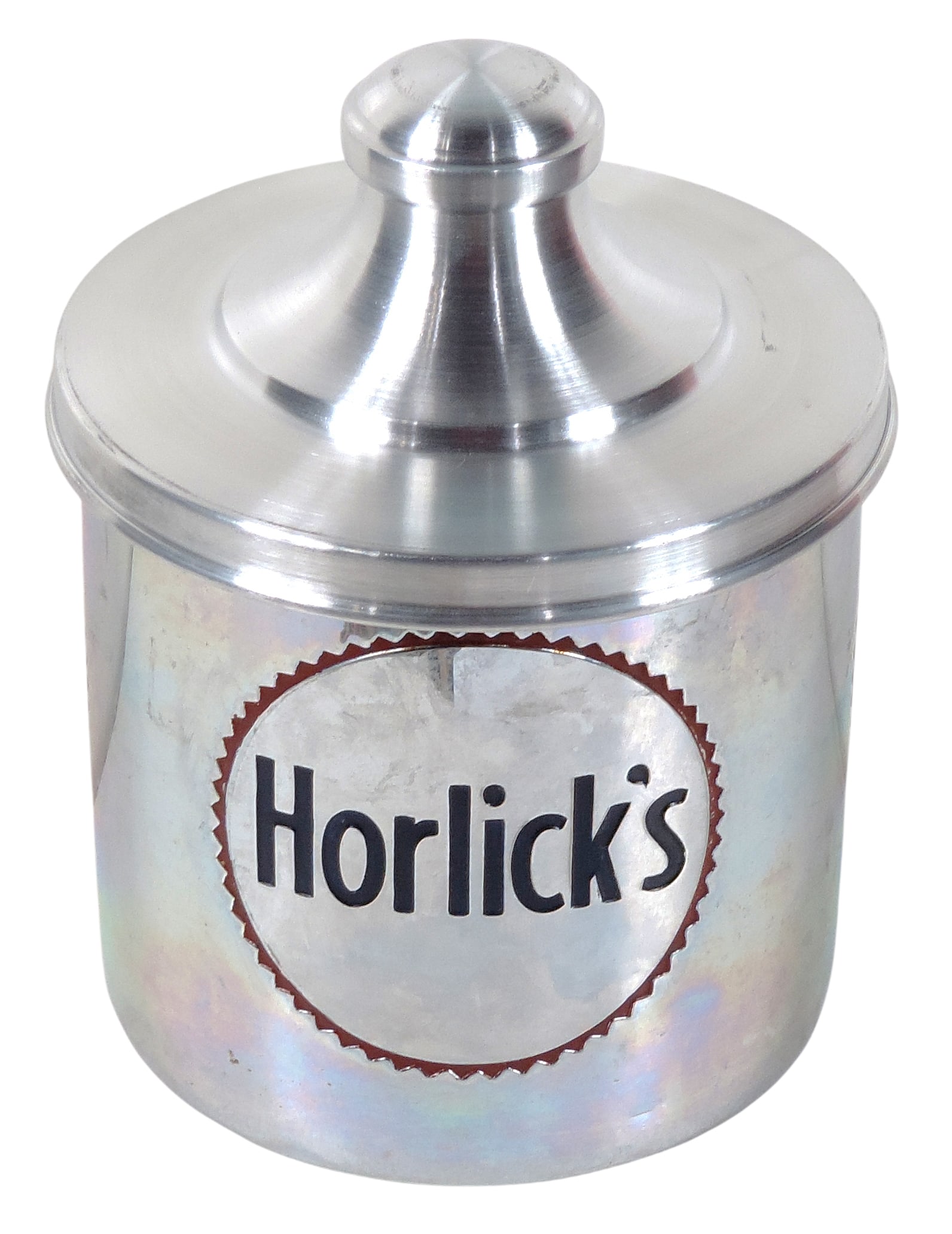 Horlick's Malted Milk Container, aluminum, c. mid 1900s, VG cond, H 8.5 x W 6 in. - 2
