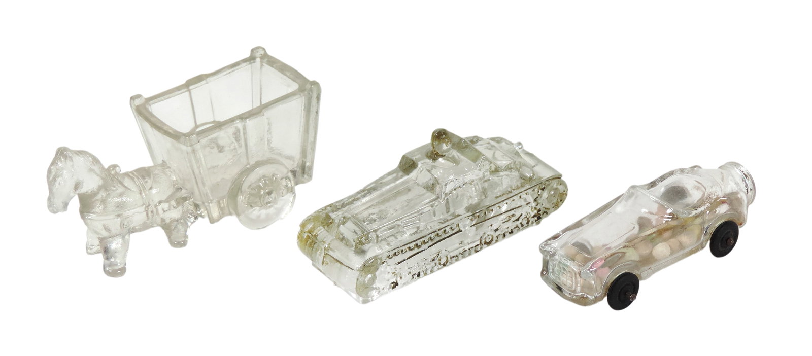 Jeanette & Victory Glass Candy Containers (3), Jeanette Donkey & Cart, #28 Convertible Auto w/ orig: Jeanette & Victory Glass Candy Containers (3), Jeanette Donkey & Cart, #28 Convertible Auto w/ orig label, J.C. Crosetti-Jeannett, PA-USA, no cork stopper but contains product & Victory Glass War Tank