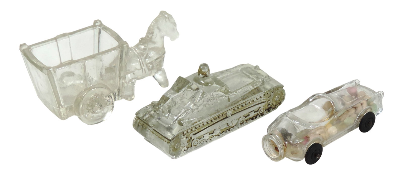 Jeanette & Victory Glass Candy Containers (3), Jeanette Donkey & Cart, #28 Convertible Auto w/ orig - 2