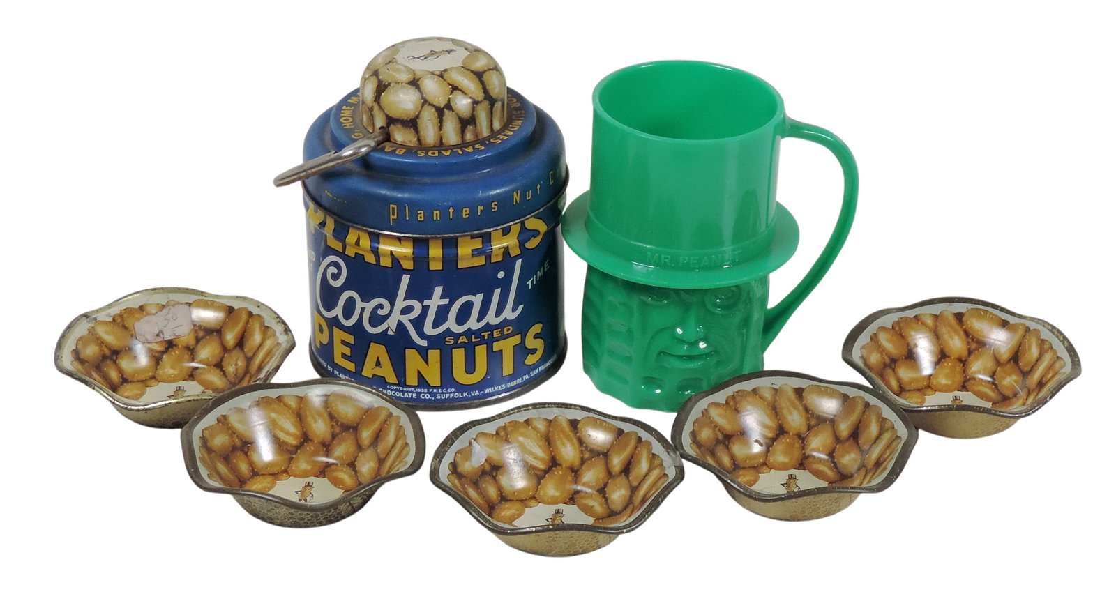 Planters Peanuts Items (7), Planters Cocktail Peanuts Nut Chopper, litho on tin, Mr. Peanut Mug, ... (1 of 1)