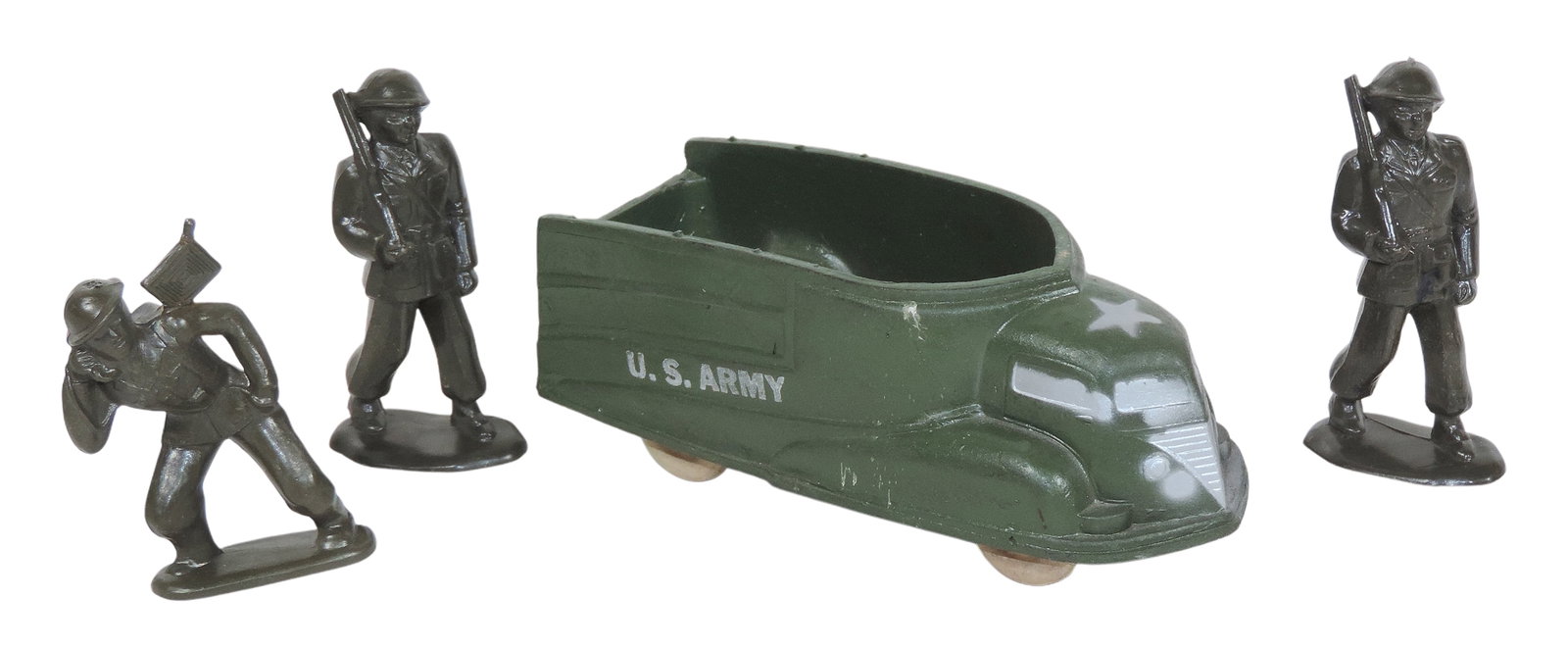 U.S. Army Toys, Sun Rubber US Army Truck, c. 1940s, No. 43 & WWII Army Soldier Figures, unmarked ... (1 of 1)
