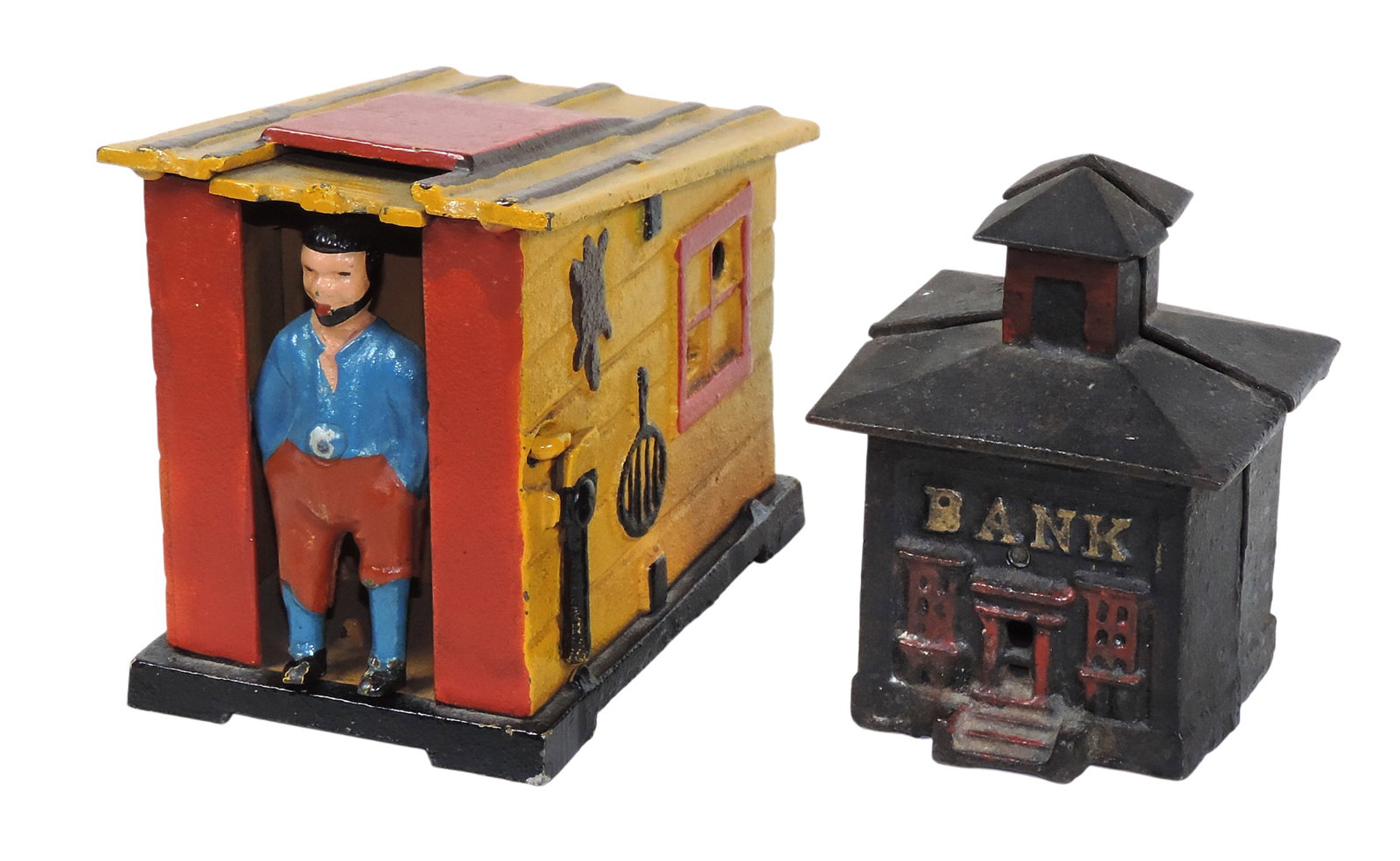 Banks (2), Mechanical Coin, Reproduction of J&E Stevens “Cabin” 1855, embossed Reproduc: Banks (2), Mechanical Coin, Reproduction of J&E Stevens “Cabin” 1855, embossed Reproduced From Original In Collection of The Book Of Knowledge & Reproduction of J&E Stevens Cupola Bank 187