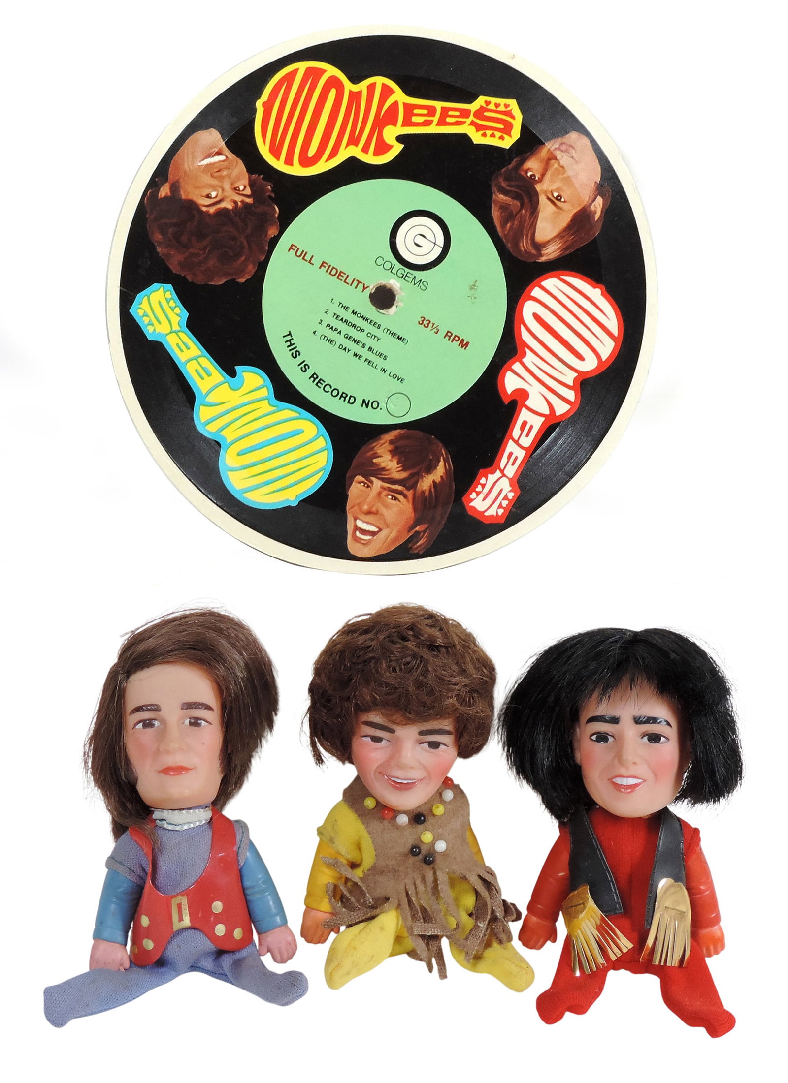 Monkees Finger Puppet Dolls & record (4), puppet label reads 1970 and TM of Columbia Pictures Ind...: Monkees Finger Puppet Dolls & record (4), puppet label reads 1970 and TM of Columbia Pictures Industries, Inc., Remco Ind., Inc., Authorized User, made in Hong Kong, includes Mike Nesmith, Mickey Dole