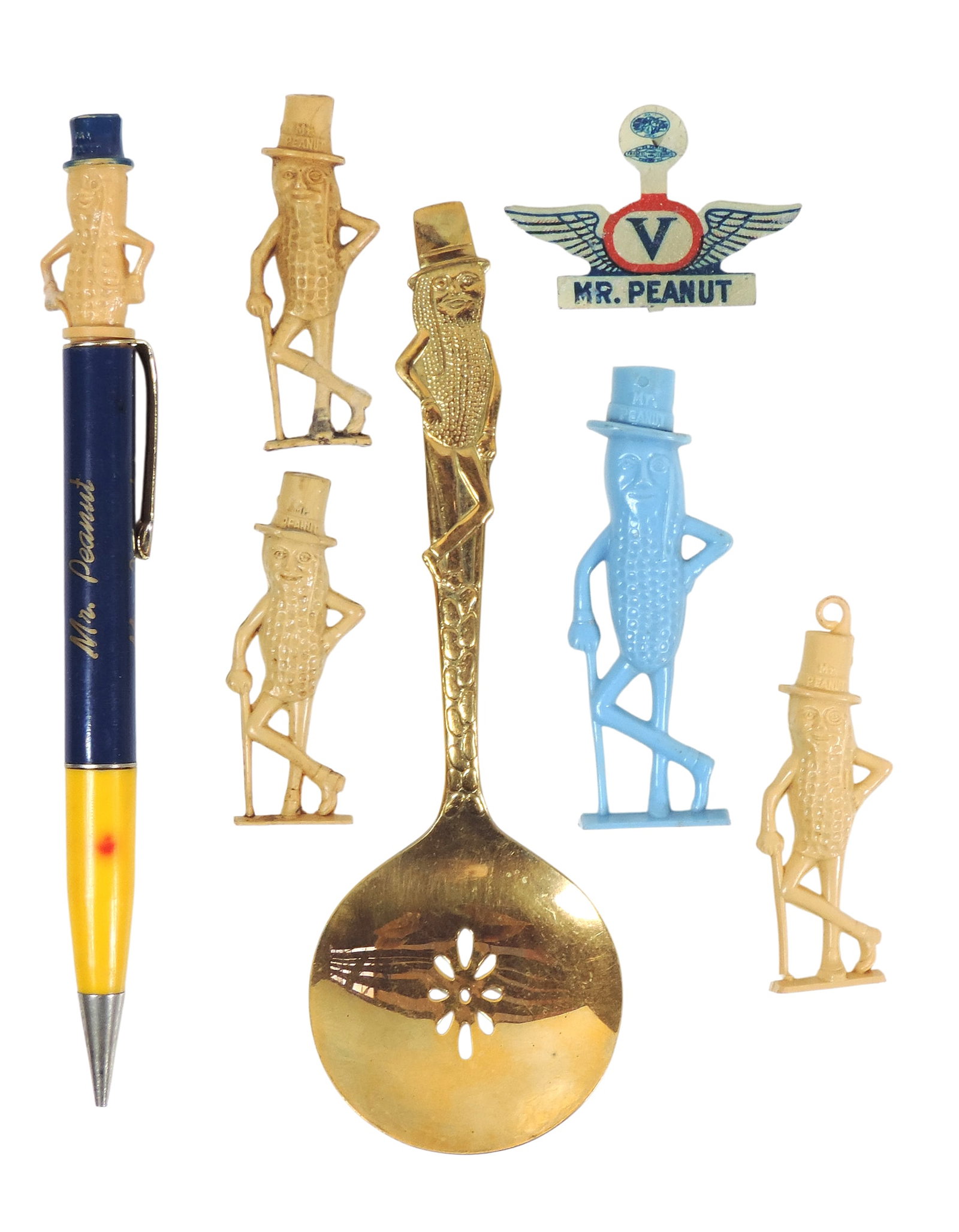 Planter Peanuts Items (7), Mr Peanut Whistle, blue plastic, Serving Spoon, gold-toned metal & Mr ... (1 of 1)