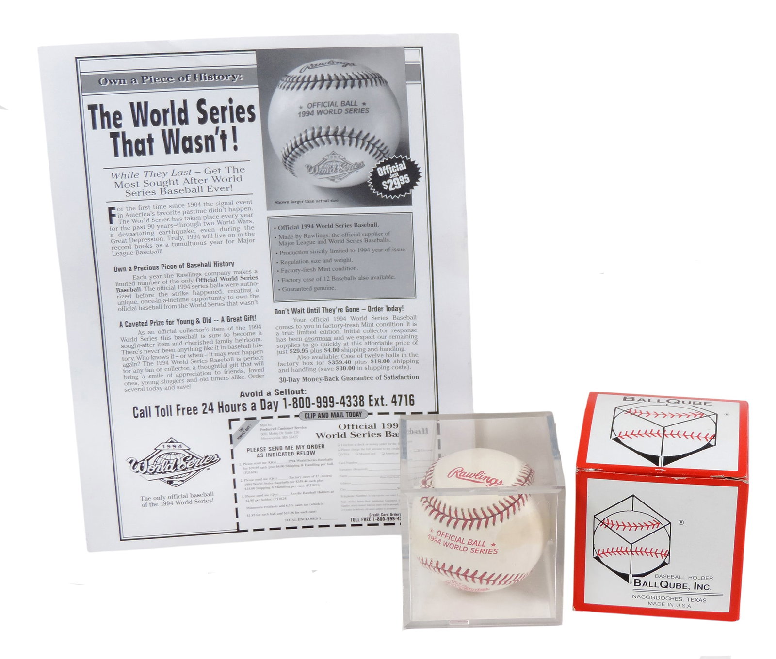 Official Ball 1994 World Series, made by Rawlings, productions strictly limited to 1994 year of i...: Official Ball 1994 World Series, made by Rawlings, productions strictly limited to 1994 year of issue, reg size/weight, enclosed Ball Qube, Inc., Patents Pending, promotional sheet copy included, NOS 