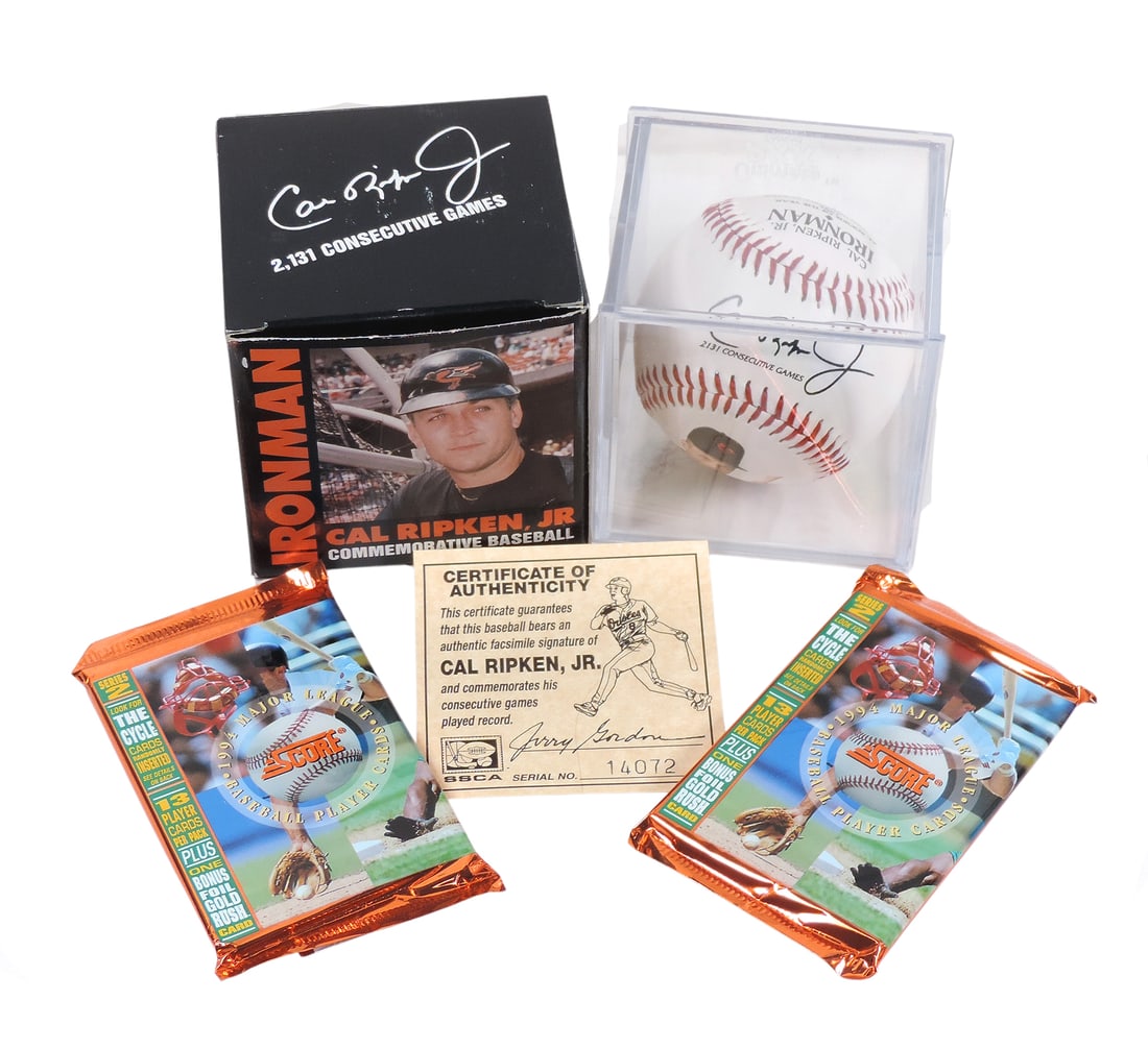 MLB Cards & Commemorative Baseball (3), 1994 MLB Player Cards, randomly inserted 13 cards, Series 2: MLB Cards & Commemorative Baseball (3), 1994 MLB Player Cards, randomly inserted 13 cards, Series 2 & Cal Ripken, Jr., Ironman Commemorative Baseball, copyright MLBP 1995, NOS, up to L 4.5 in.