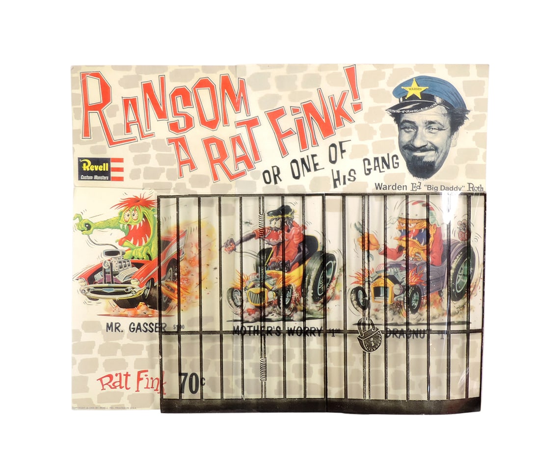 Rat Fink Store Display, "Ransom A Rat Fink!", by Revell Custom Monsters, 2-pc paper over posterbo...: Rat Fink Store Display, "Ransom A Rat Fink!", by Revell Custom Monsters, 2-pc paper over posterboard w/plastic gate, lower LH corner marked "Copyright 1964 by Revell Inc.-printed in USA", pictures Mr.
