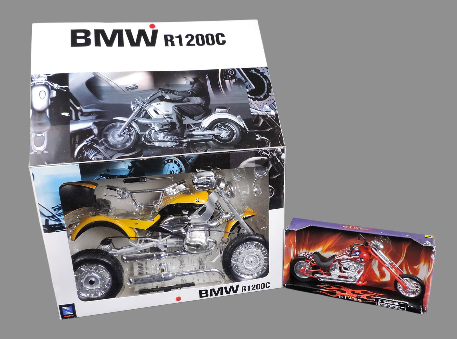 Toy Scale Model Motorcycles (2), Custom Bikes, 1:12, New-Ray Toys (CA) Co., Ltd, plastic/rubber &...: Toy Scale Model Motorcycles (2), Custom Bikes, 1:12, New-Ray Toys (CA) Co., Ltd, plastic/rubber & BMW R1200C, 1:6, diecast, New-Ray Toys Co., made in Hong Kong, c. late 1900s, NOS w/age-related wear