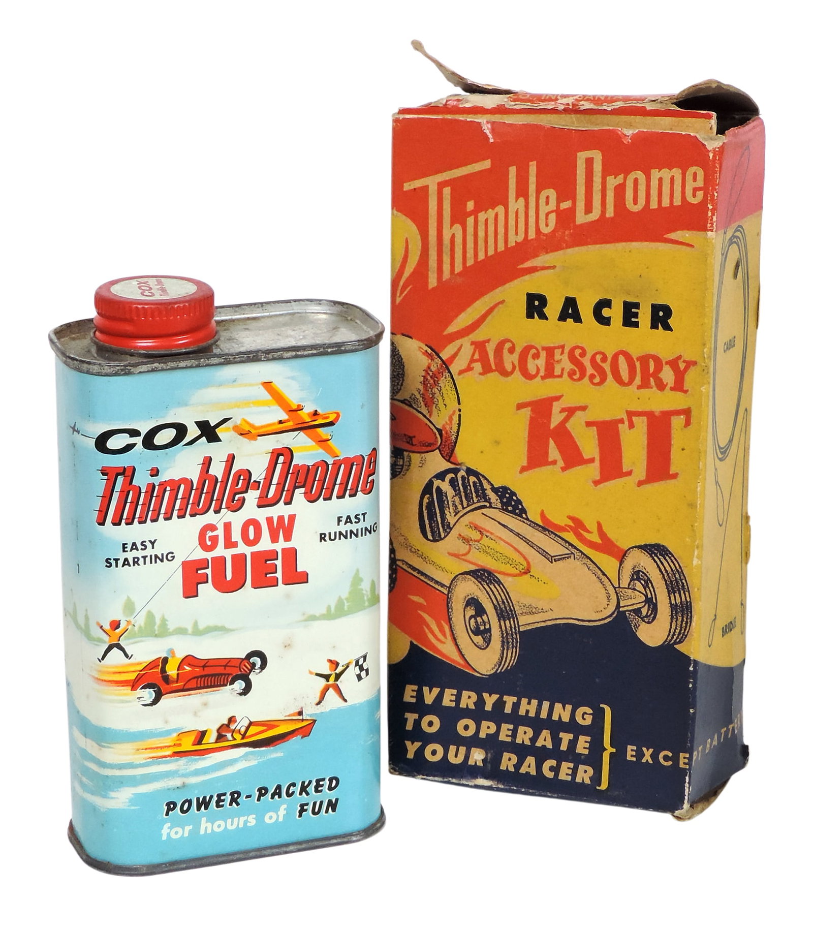 Thimble-Drome Glow Fuel & Accessory Kit Box, litho on tin, contains product, L.M. Cox Mfg Co., In...: Thimble-Drome Glow Fuel & Accessory Kit Box, litho on tin, contains product, L.M. Cox Mfg Co., Inc., Santa Ana, Calif, made in USA & Racer Accessory Kit Box, no contents, c. mid 1900s, o/all VG cond,