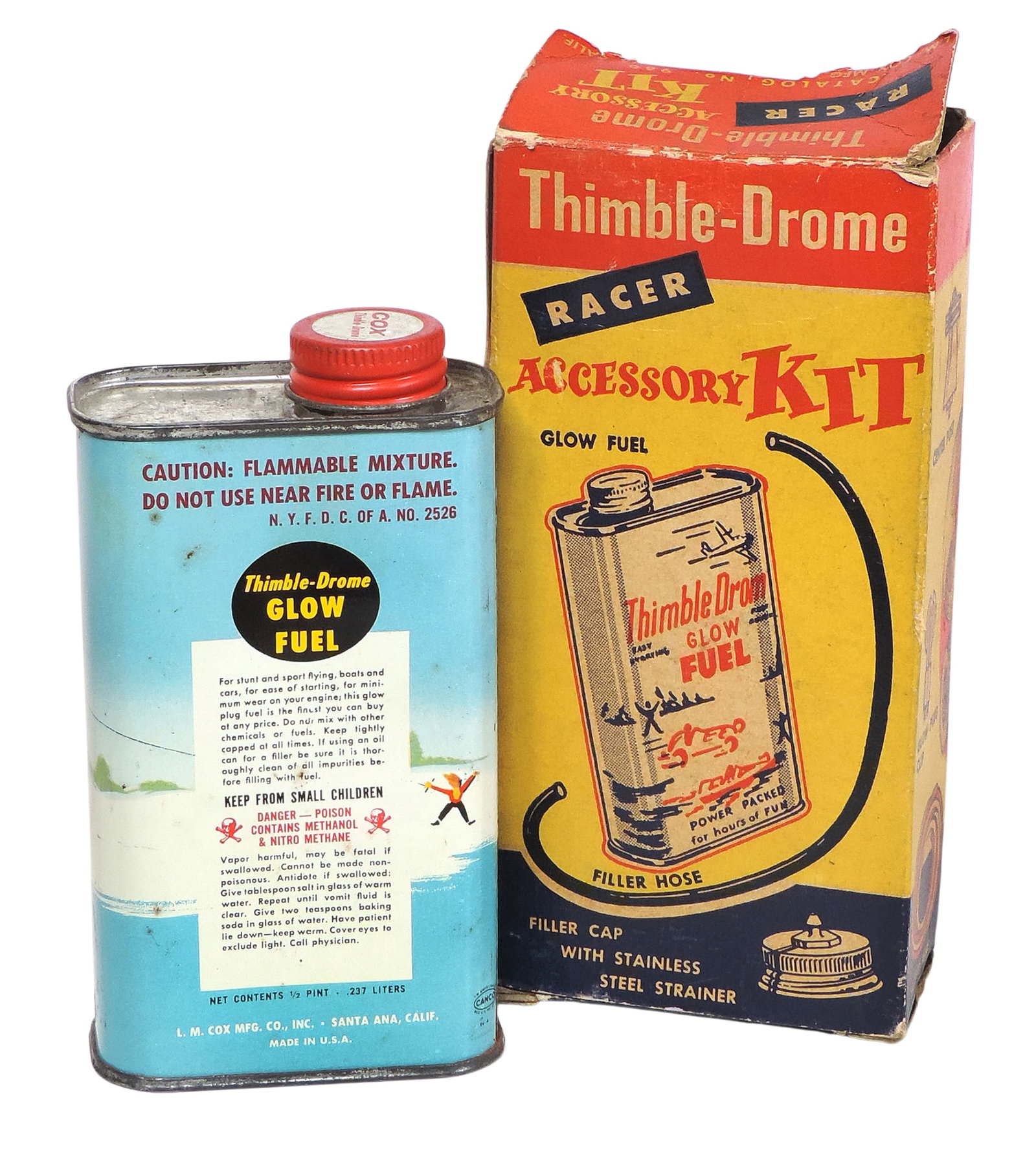 Thimble-Drome Glow Fuel & Accessory Kit Box, litho on tin, contains product, L.M. Cox Mfg Co., In... - 2