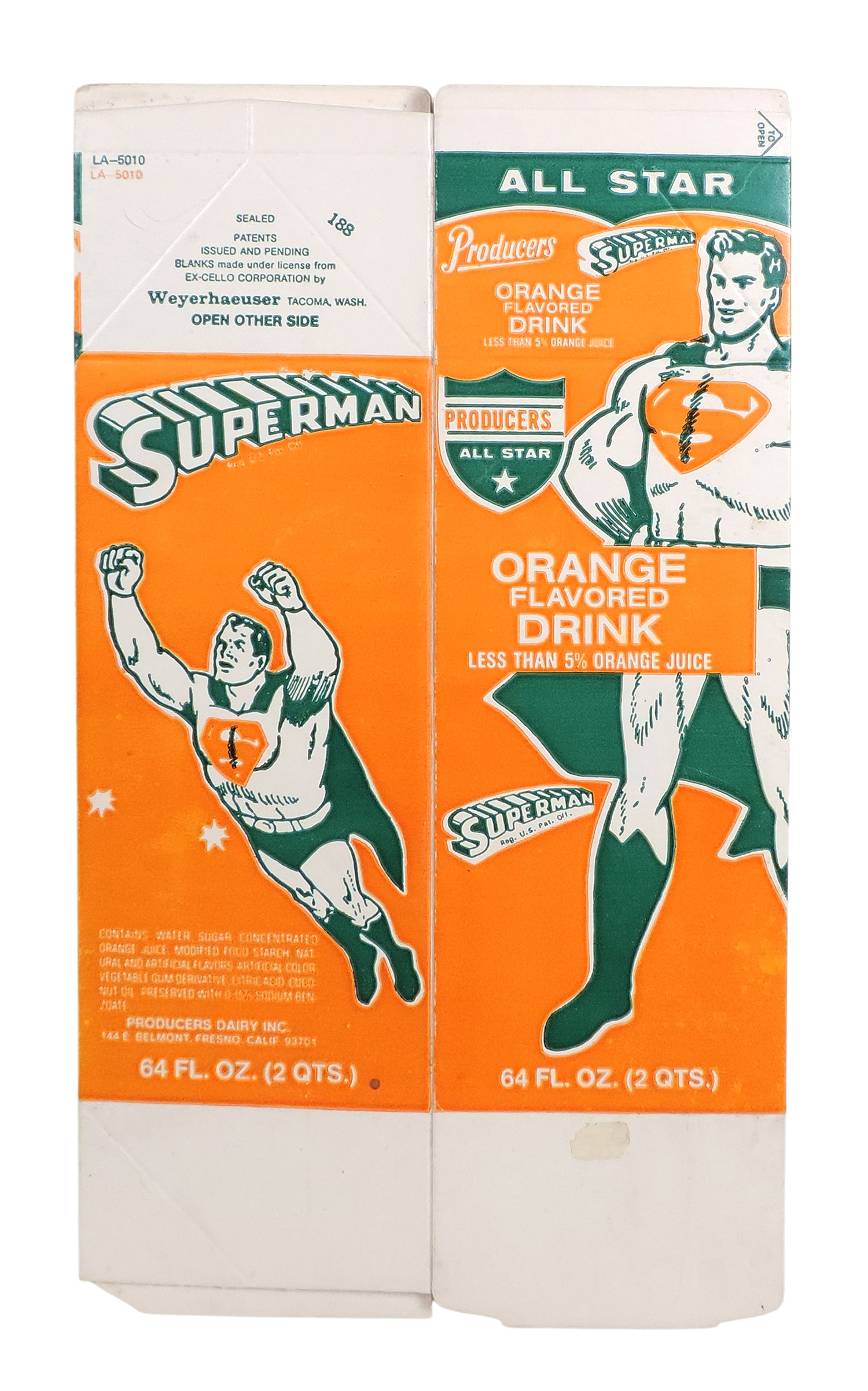 Superman Orange Drink carton, c.1968, a Rare & colorful waxed cardboard 64 oz. New Old Stock cont...: Superman Orange Drink carton, c.1968, a Rare & colorful waxed cardboard 64 oz. New Old Stock container that's never been unfolded to form a carton, pictures Superman on all 4 sides, Exc+ cond, H 12.5