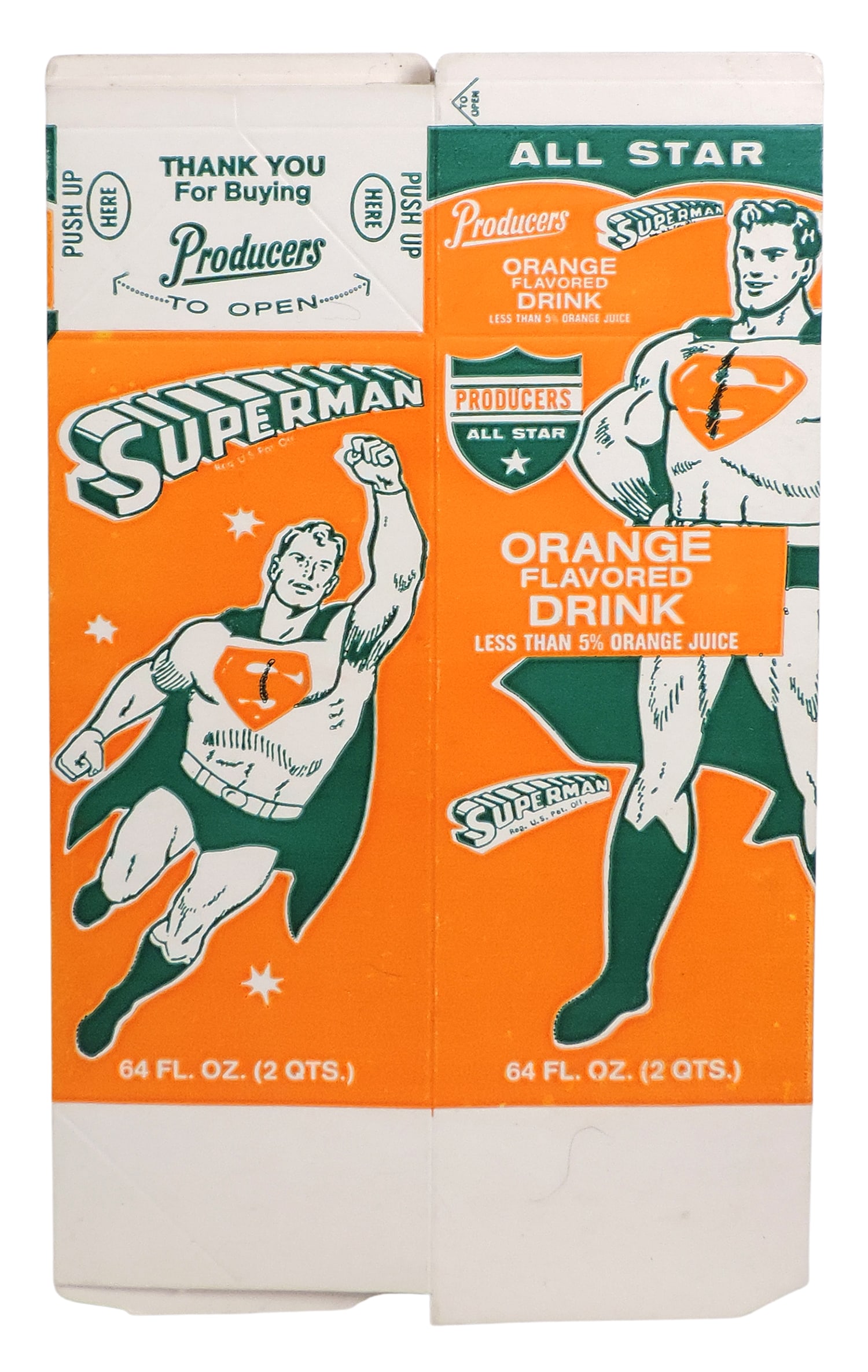 Superman Orange Drink carton, c.1968, a Rare & colorful waxed cardboard 64 oz. New Old Stock cont... - 2