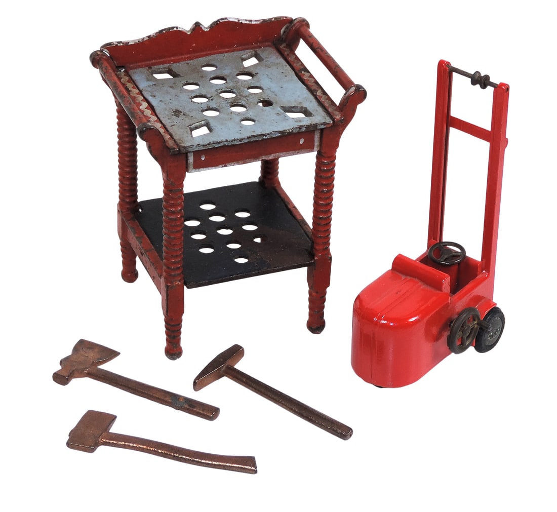 J.E. Stevens & Brown cast iron wash or tool stand, movable cast metal forklift-likely a Tekno & (3): J.E. Stevens & Brown cast iron wash or tool stand, movable cast metal forklift-likely a Tekno & (3) cast metal axes, all w/orig paint & in Exc cond, largest H 4.5 in x W 3.5 in.