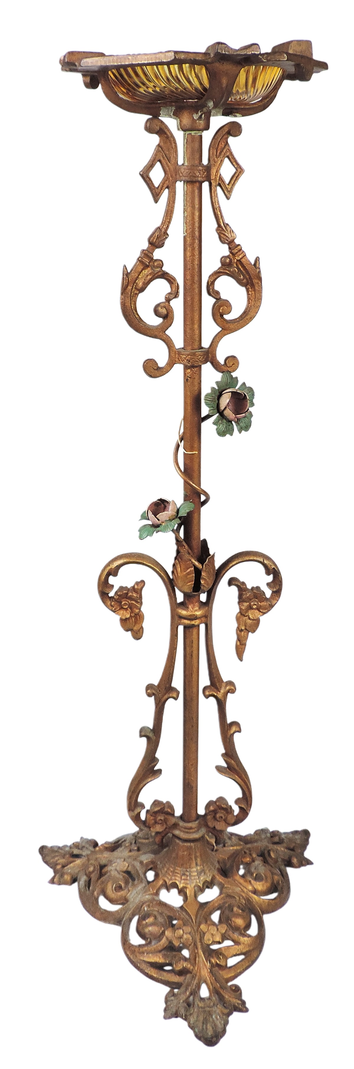 Cast Iron Smoking Stand, features ornate detailing & amber glass ash tray, tinted gold color w/re...: Cast Iron Smoking Stand, features ornate detailing & amber glass ash tray, tinted gold color w/red/green roses, approx. 8 lbs, stamped PAT APPL'D FOR E-182, o/all Exc cond (enlarge photos for details)