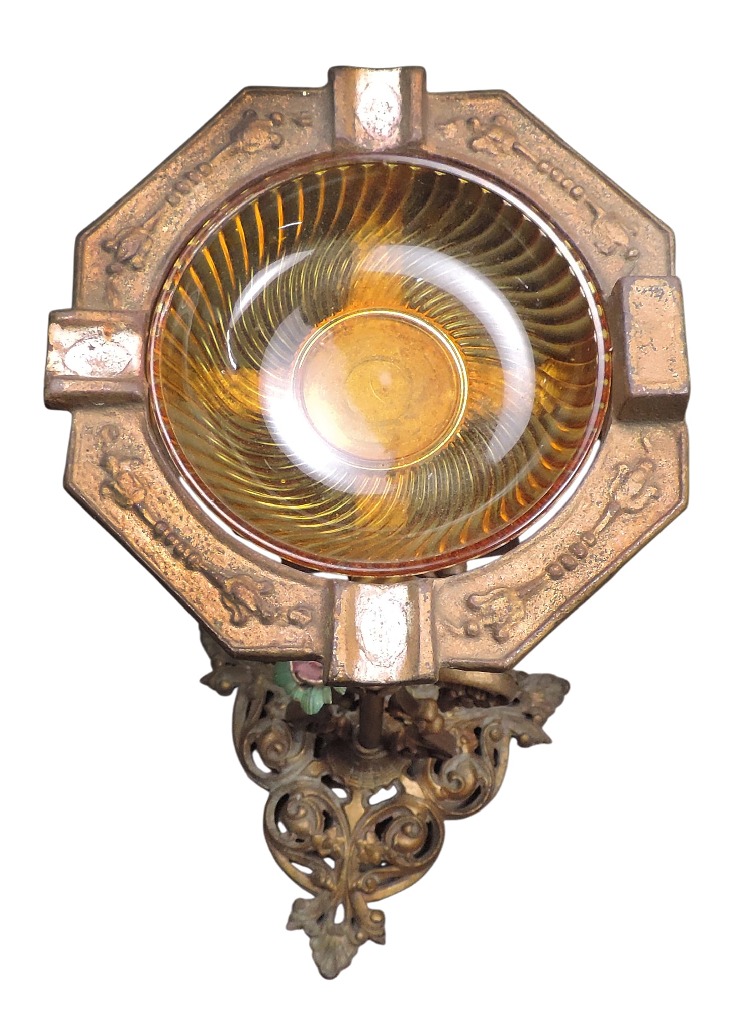 Cast Iron Smoking Stand, features ornate detailing & amber glass ash tray, tinted gold color w/re... - 2