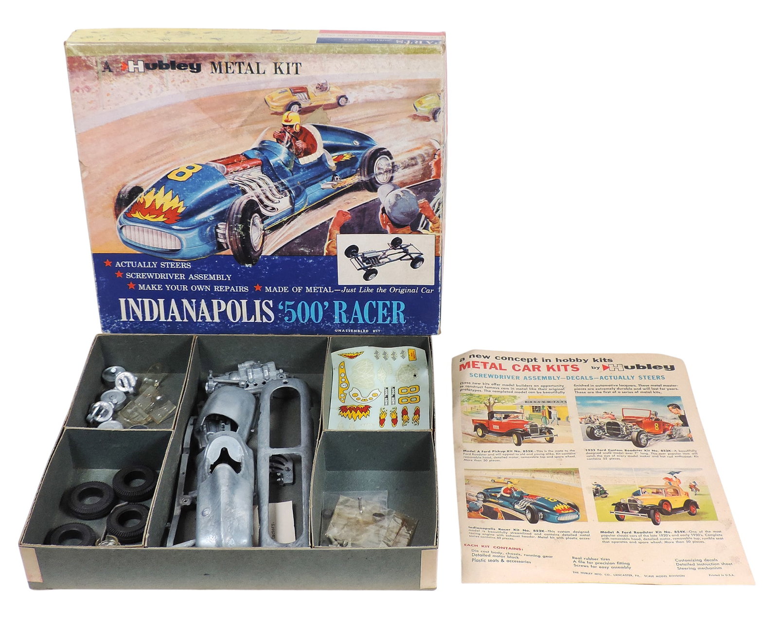 Hubley Indianapolis 500 Racer Metal Kit w/Custom Decals, c.1950's, No.852K-300 in orig box & inst...: Hubley Indianapolis 500 Racer Metal Kit w/Custom Decals, c.1950's, No.852K-300 in orig box & instruction sheet, appears to be complete & in Exc unassembled cond, box is L 12 in x W 10.5 in x H 2 in.