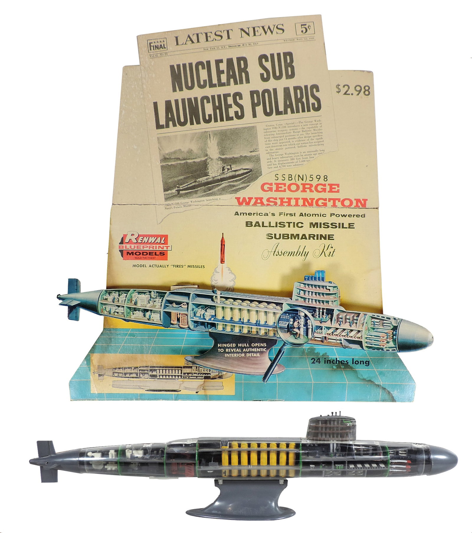 Renwal Atomic Powered Ballistic Missle Submarine & cdbd Dealer Display , Blueprint Model of the G...: Renwal Atomic Powered Ballistic Missle Submarine & cdbd Dealer Display , Blueprint Model of the George Washington assembled from a kit w/hinged hull that opens to reveal authenic interior detail &