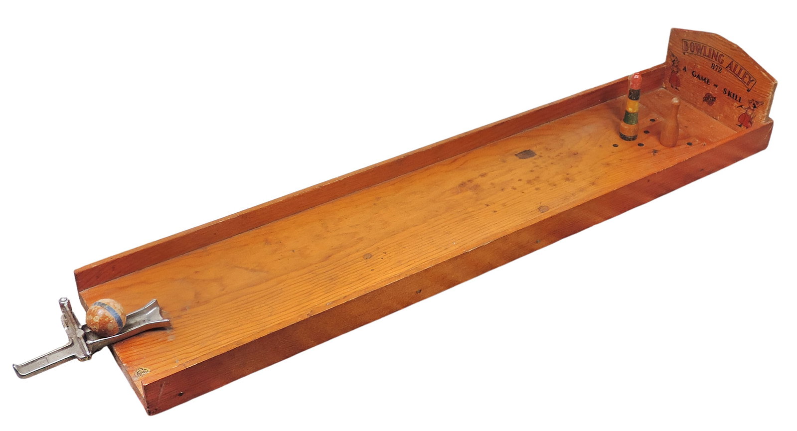 Arcade Bowling Alley Game, cast iron/wood, No. 872, A Game or Skill, early 1900s, Good cond, L 29 x: Arcade Bowling Alley Game, cast iron/wood, No. 872, A Game or Skill, early 1900s, Good cond, L 29 x W 6.5 in.