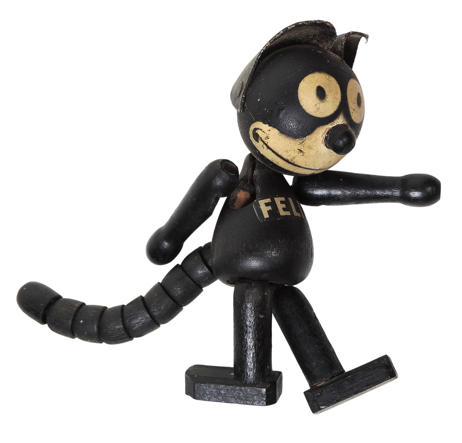 Felix The Cat by Schoenhut, articulated wooden toy, c. 1920s, VG+ cond w/minor paint loss (enlarg...: Felix The Cat by Schoenhut, articulated wooden toy, c. 1920s, VG+ cond w/minor paint loss (enlarge photos for details), L 4 in.