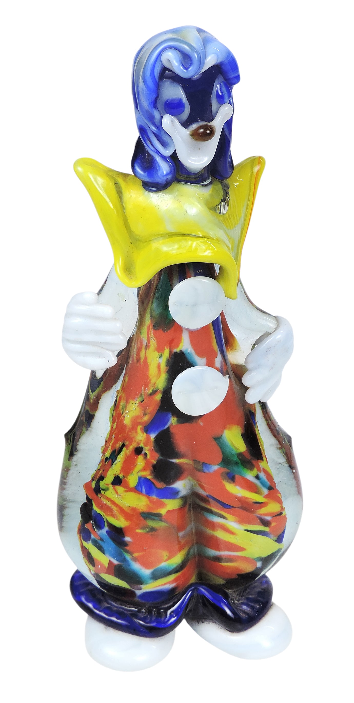 Murano Glass Clown (unmarked), multicolored w/intricate details, Venetian Artisans, VG+ cond, H 9 x: Murano Glass Clown (unmarked), multicolored w/intricate details, Venetian Artisans, VG+ cond, H 9 x W 3.5 in.