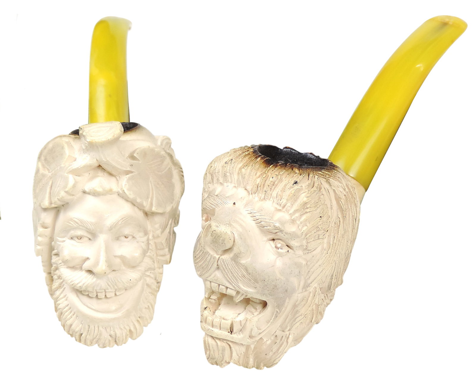 Meerschaum Tobacco Pipes (2), Bust of Bacchus, the Greek God of wine & Lion's Head w/yellow stem,... - 2
