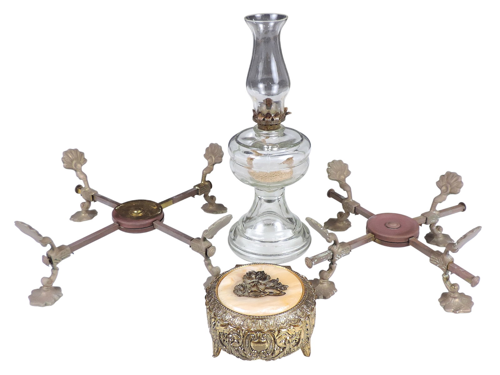 Sankyo Japan Music Box, filigree design, faux mother-of-pearl or stone lid w/floral ornamentation...: Sankyo Japan Music Box, filigree design, faux mother-of-pearl or stone lid w/floral ornamentation, Glass Oil Lamp, unmarked & Trivet Stand (2), adjustable brass, appears to have been painted or
