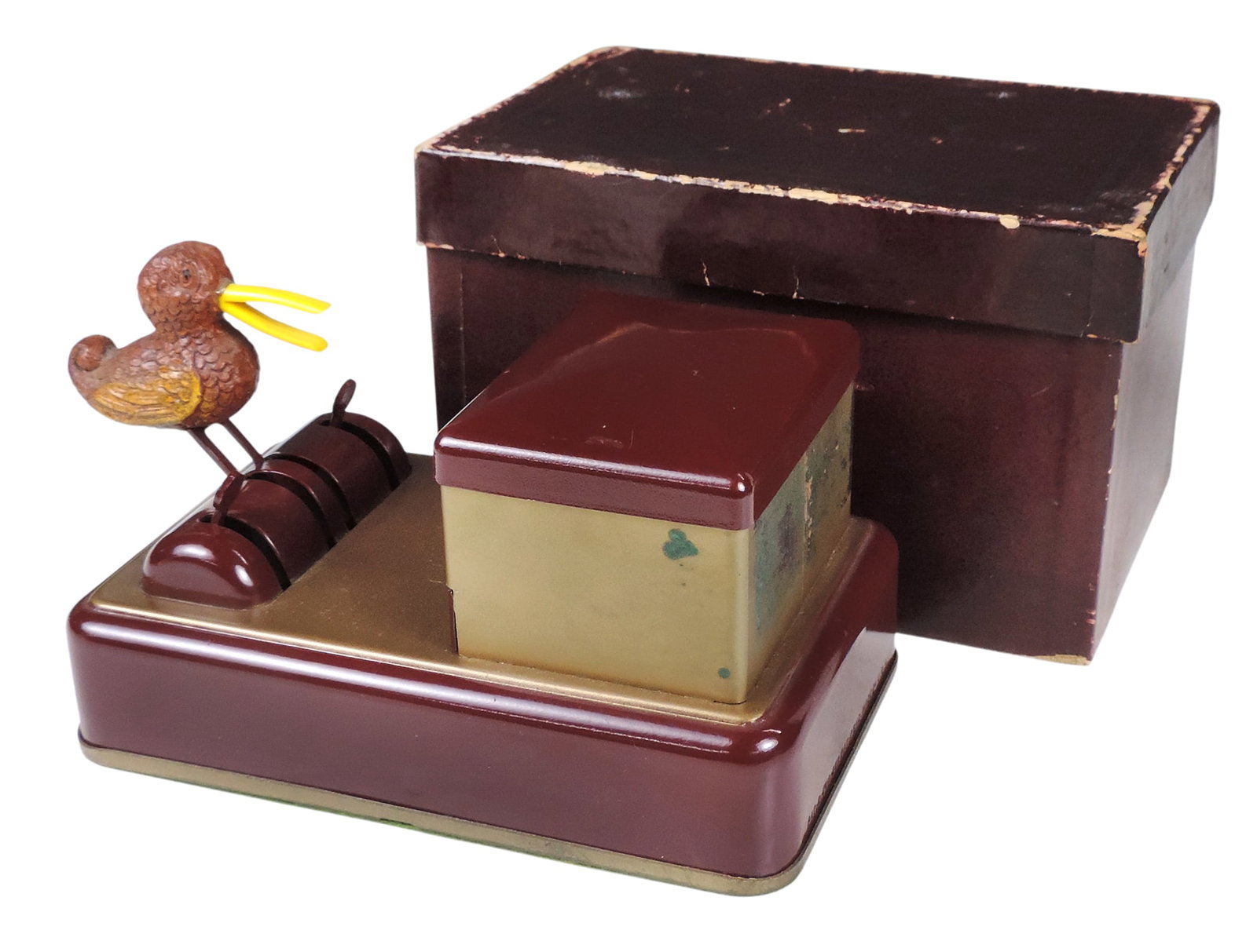 Cigarette Mechanical Dispenser, bobbing bird, metal box/Bakelite/plastic, orig packaging, embosse...: Cigarette Mechanical Dispenser, bobbing bird, metal box/Bakelite/plastic, orig packaging, embossed PAT.2,006,982 PAT.PEND., made IN U.S.A., gold tone loss on back of cigarette box, c. mid 1900s, NOS