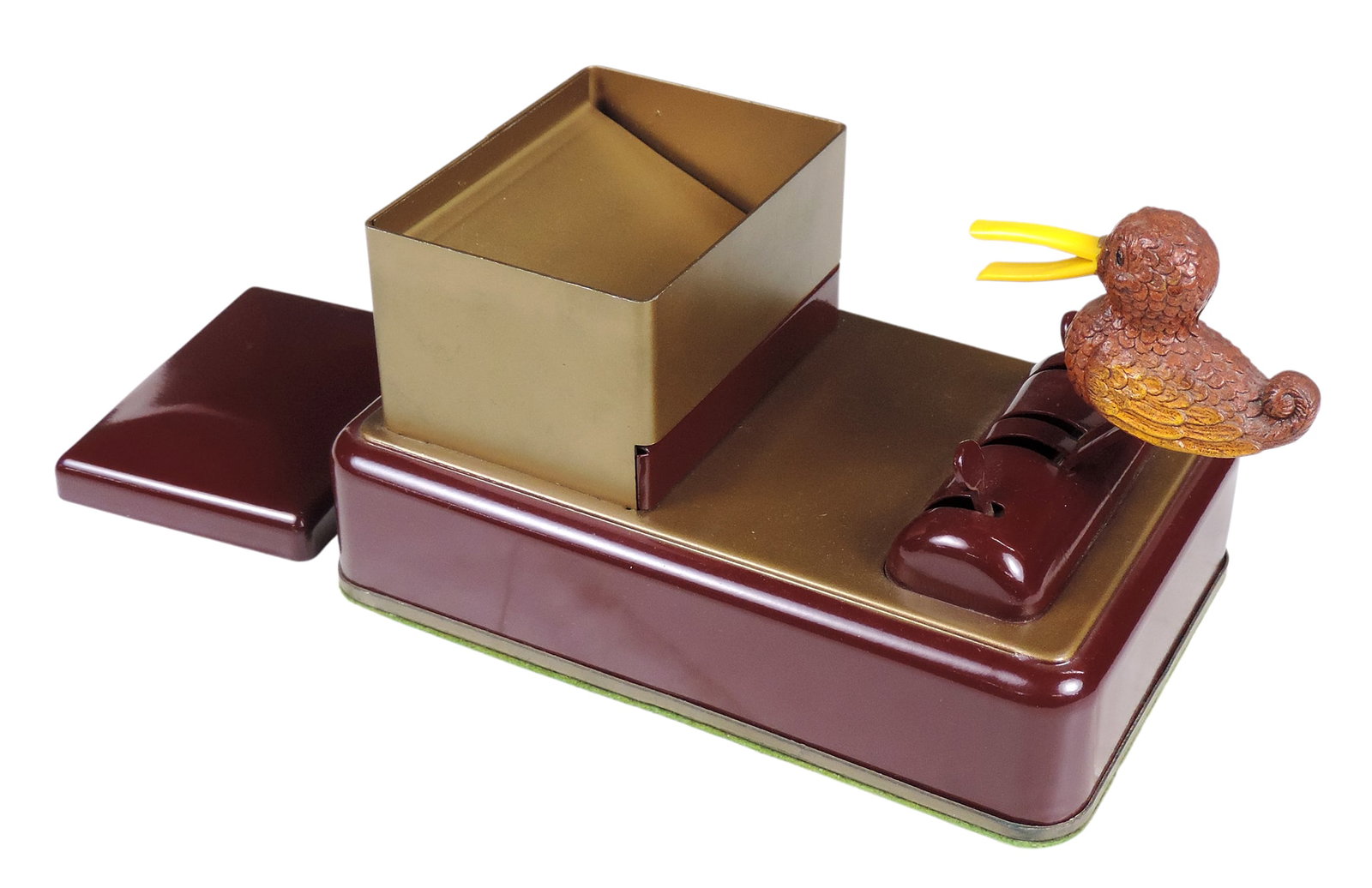 Cigarette Mechanical Dispenser, bobbing bird, metal box/Bakelite/plastic, orig packaging, embosse... - 2