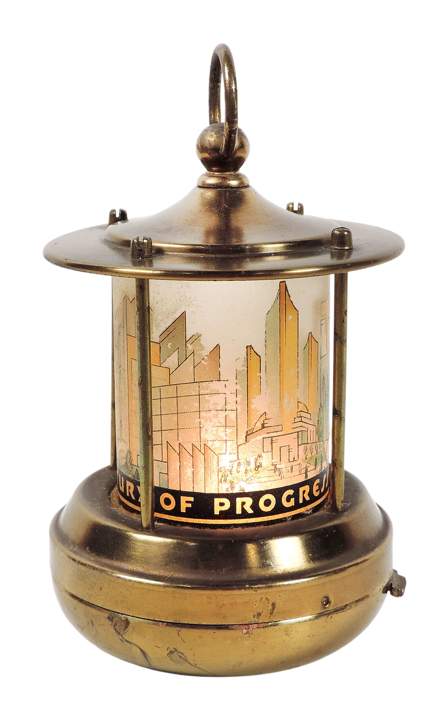 1934 Chicago World’s Fair Century of Progress Souvenir Lantern, features a cylindrical glass s: 1934 Chicago World’s Fair Century of Progress Souvenir Lantern, features a cylindrical glass shade decorated w/polychrome enamel painted scenes of the fairâ€™s skyline, yellow