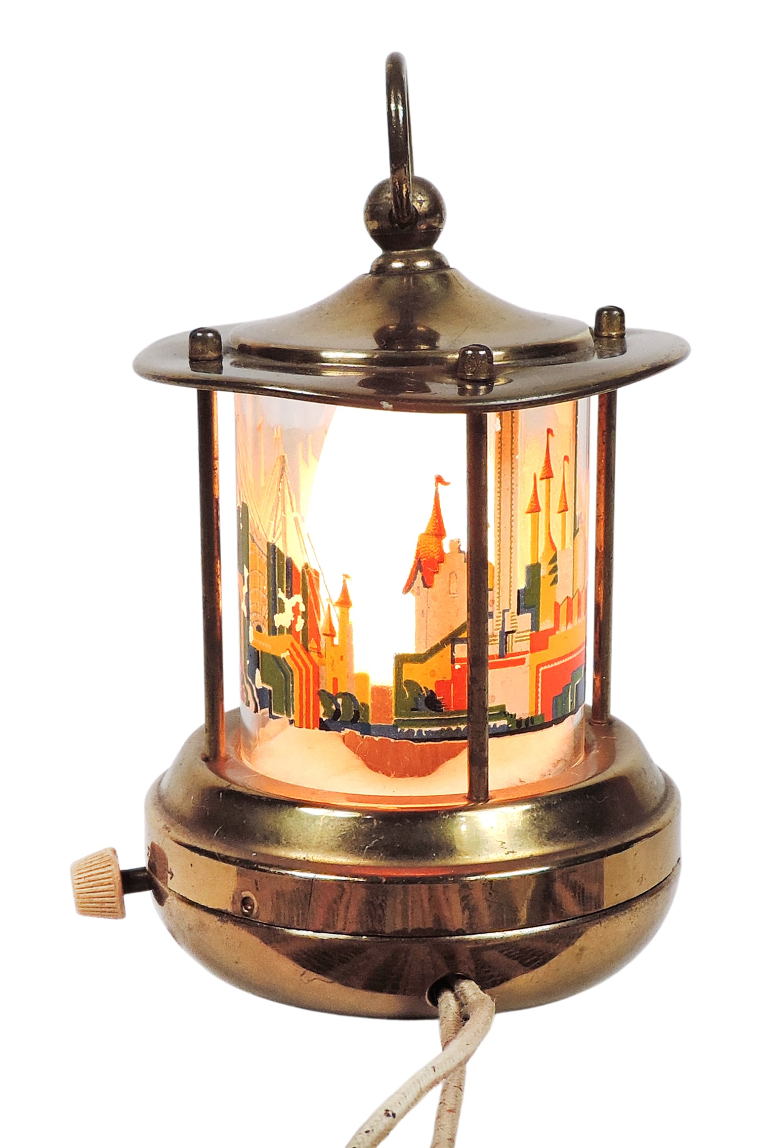 1934 Chicago World’s Fair Century of Progress Souvenir Lantern, features a cylindrical glass s: 1934 Chicago World’s Fair Century of Progress Souvenir Lantern, features a cylindrical glass shade decorated w/polychrome enamel painted scenes of the fair’s skyline, yellow brass,