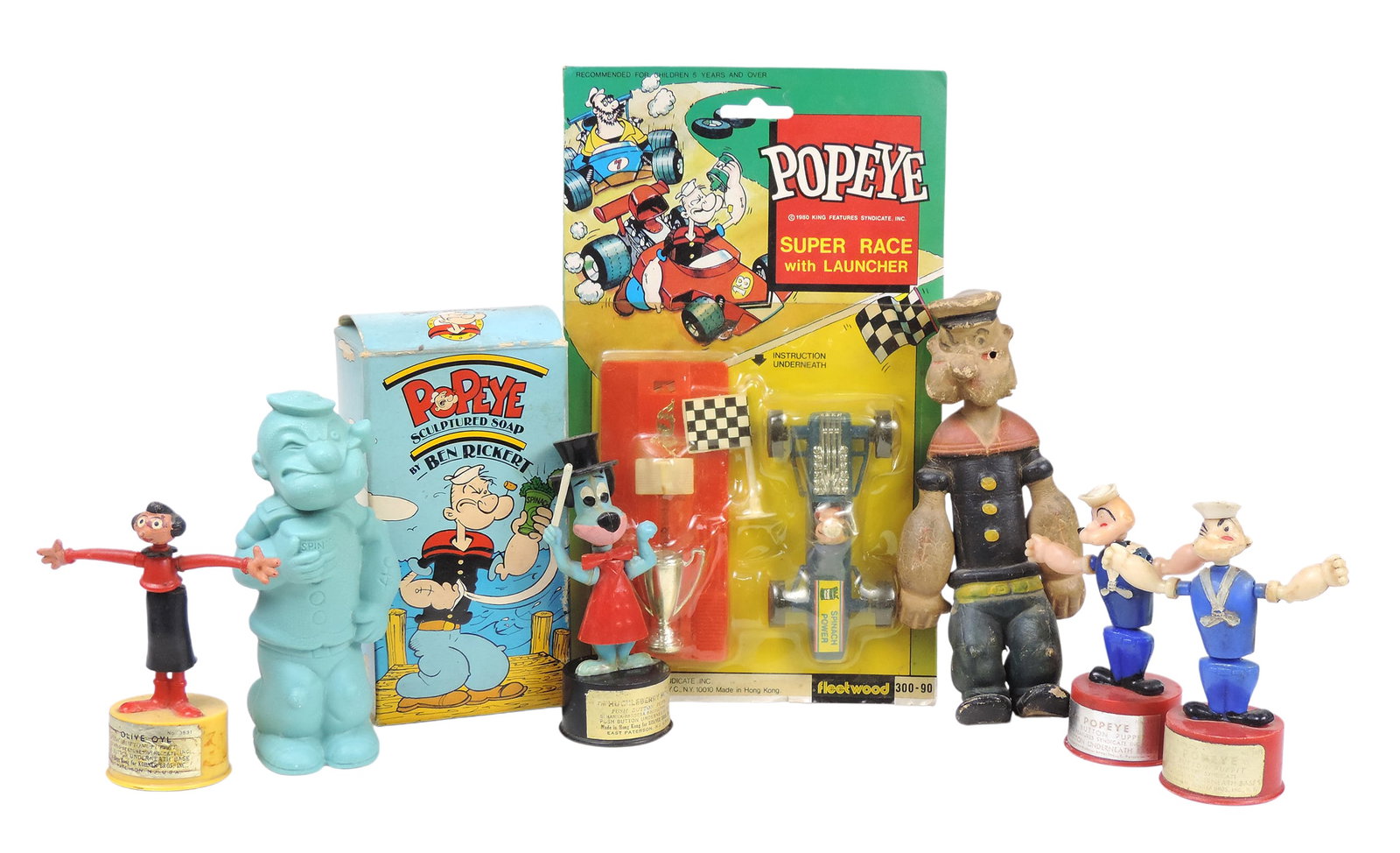Toy Popeye & Olive Oil Items (7), Popeye Super Race w/Launcher, 1980 King Features, Popeye Sculpt...: Toy Popeye & Olive Oil Items (7), Popeye Super Race w/Launcher, 1980 King Features, Popeye Sculptured Soap, Push Button Puppets (4) including Popeye, Olive Oil & Huckleberry Hound, all No. 3991 & 1935