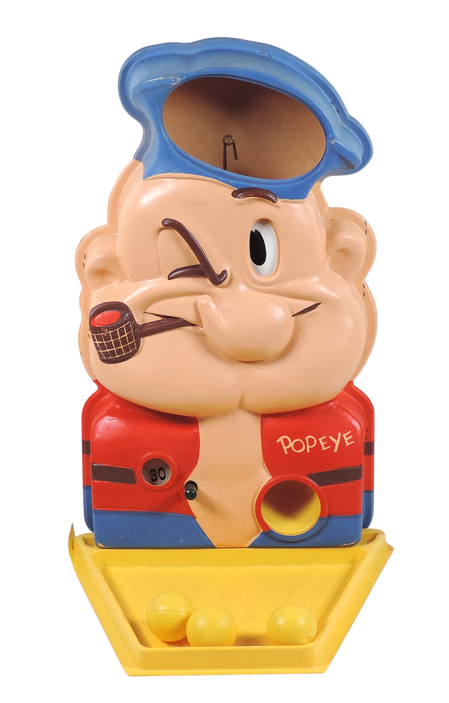 Popeye Score-A-Matic skill game, c.1960's, colorful molded plastic w/3 original plastic balls & s...: Popeye Score-A-Matic skill game, c.1960's, colorful molded plastic w/3 original plastic balls & shipping box, Exc cond except for no-harm breaks on rear corners of ball platform hidden by Popeye figur