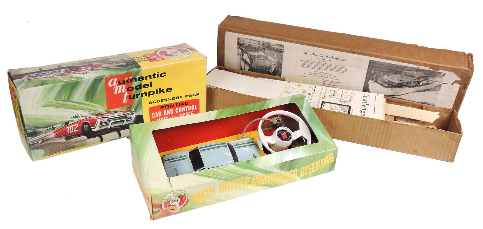 Toys Scale Models, Authentic Model Turnpike Accessory Pack, Pontiac Car/Control Unit, 1/25 scale ...: Toys Scale Models, Authentic Model Turnpike Accessory Pack, Pontiac Car/Control Unit, 1/25 scale (untested) & Chris-Craft Challenger, Mfg Exclusively by Dumas Products-USA, appears complete but cannot