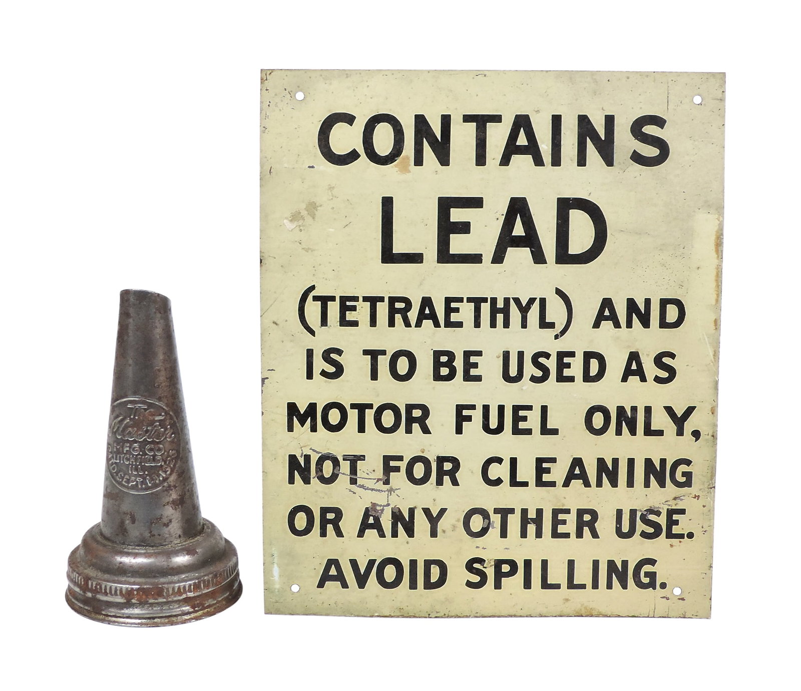 Petroliana Items (2), Oil Bottle Spout, The Master Manufacturing Co., Litchfield, Illinois, PATD....: Petroliana Items (2), Oil Bottle Spout, The Master Manufacturing Co., Litchfield, Illinois, PATD. Sept, 14, 1923, metal & Contains Lead metal sign, unmarked, VG cond w/age-related wear/corrosion
