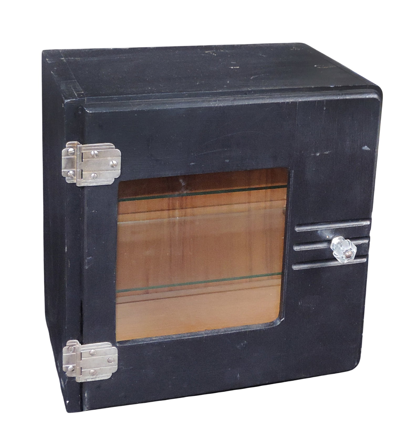 Art Deco Barber Shop or Sterilizer Cabinet, wood painted black w/metal hinges, 2 glass shelves & ...: Art Deco Barber Shop or Sterilizer Cabinet, wood painted black w/metal hinges, 2 glass shelves & plastic pull handle, o/all VG cond, H 12.5 x W 12.5 x D 9 in.