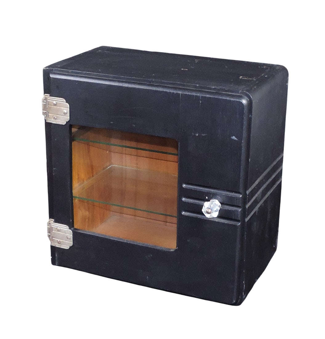 Art Deco Barber Shop or Sterilizer Cabinet, wood painted black w/metal hinges, 2 glass shelves & ... - 2