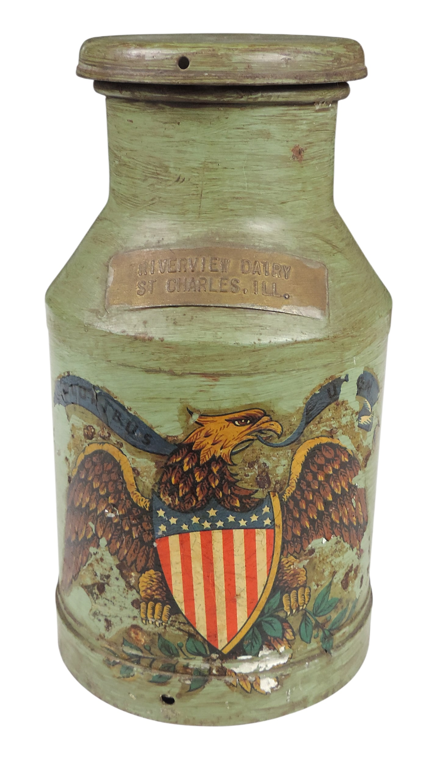 Riverview Dairy St. Charles, Ill steel milk can w/patriotic eagle decal & copper plaque, decal sh...: Riverview Dairy St. Charles, Ill steel milk can w/patriotic eagle decal & copper plaque, decal shows wear, stamped Superior Sealed SP- QTS LIQ M7, VG cond, H 11.5 x D 6.5 in.