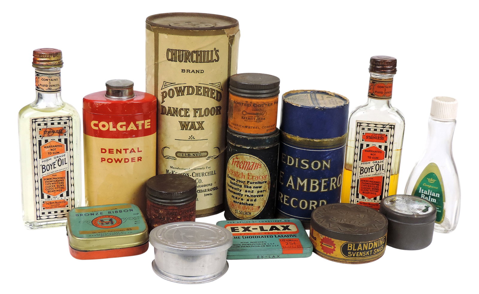 Drug Store Items (14), Boye Oil (2), glass/paper label/contains product, Italian Balm, glass/pape...: Drug Store Items (14), Boye Oil (2), glass/paper label/contains product, Italian Balm, glass/paper label/no product, Bronze Ribbon, litho on tin/no product, Ex-Lax, litho on tin/contains product,
