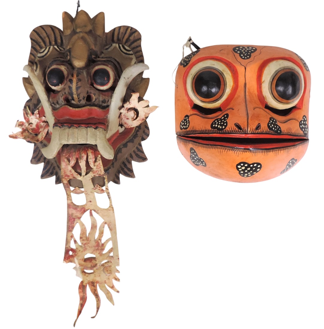 Folk Art Balinese Rangdo Masks (2), Demon Queen in traditional Indonesian Mythology & performance...: Folk Art Balinese Rangdo Masks (2), Demon Queen in traditional Indonesian Mythology & performances & Godogan or Frog Prince character, wooden/hand craved, made in Indonesia, slight loss to Demon Queen