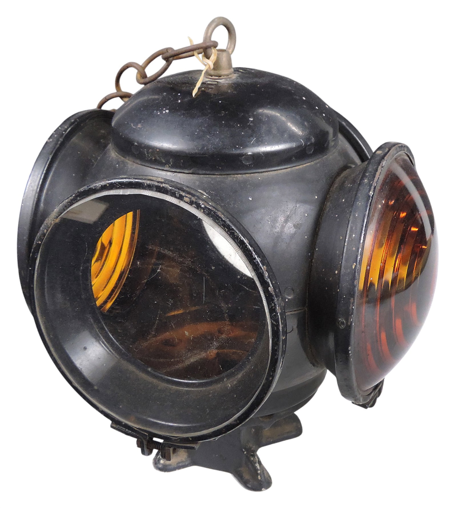 Railroad Switch Signal Lantern, embossed Adlake on top & 85857 on base, cast iron/metal/glass, am...: Railroad Switch Signal Lantern, embossed Adlake on top & 85857 on base, cast iron/metal/glass, amber/clear glass, no cracks, o/all VG cond w/some age-related wear, H 4.5 x W 7.75 x D 4.5 in.