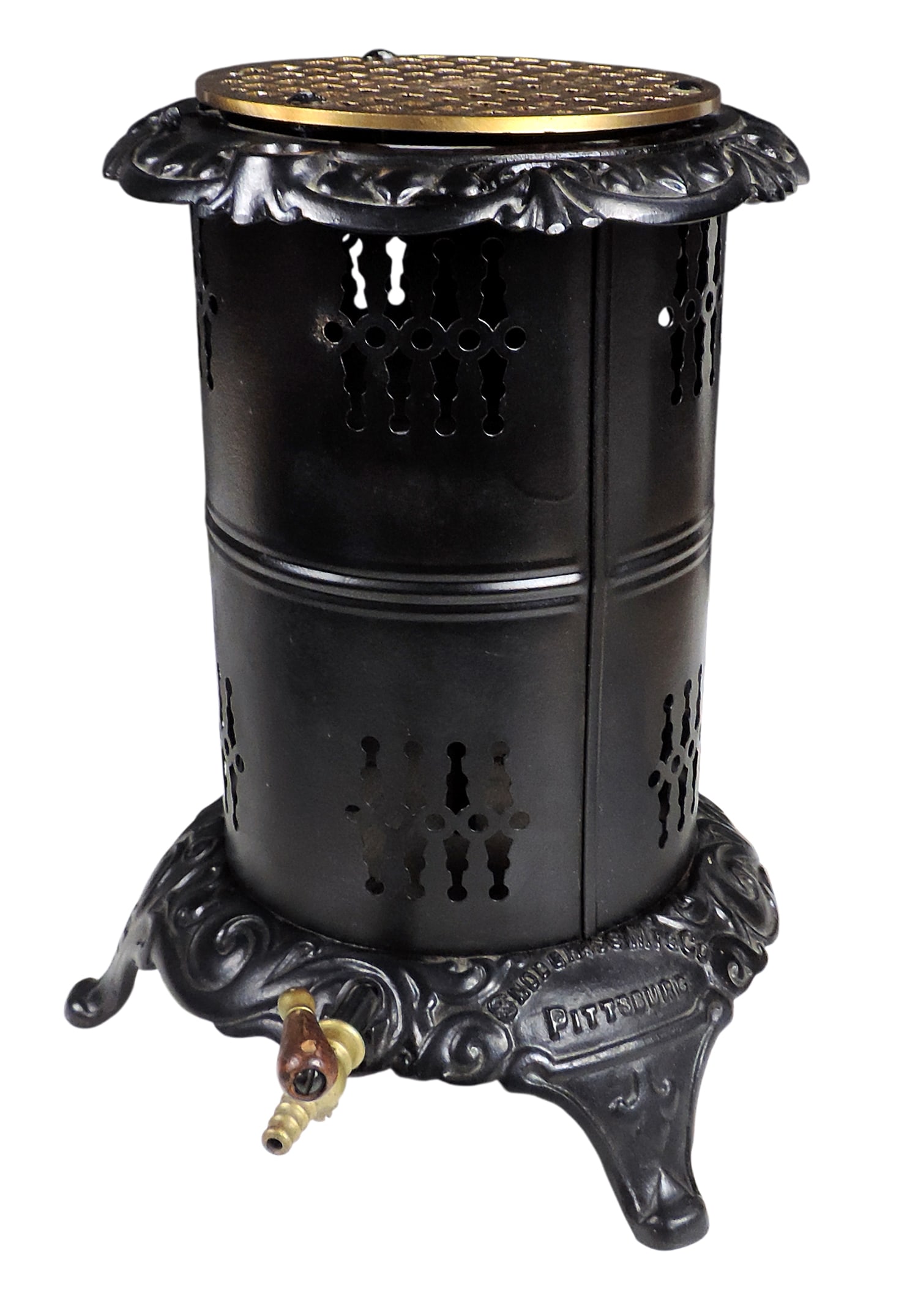 Success Kerosene Heater, Snodgrass Mfg. Co., Pittsburg, refurbished, cast iron/metal/wood/brass, ...: Success Kerosene Heater, Snodgrass Mfg. Co., Pittsburg, refurbished, cast iron/metal/wood/brass, embossed WADE on top & Success Snodgrass Mfg. Co., Pittsburg on base, untested, c. early 1900s, Exc ref