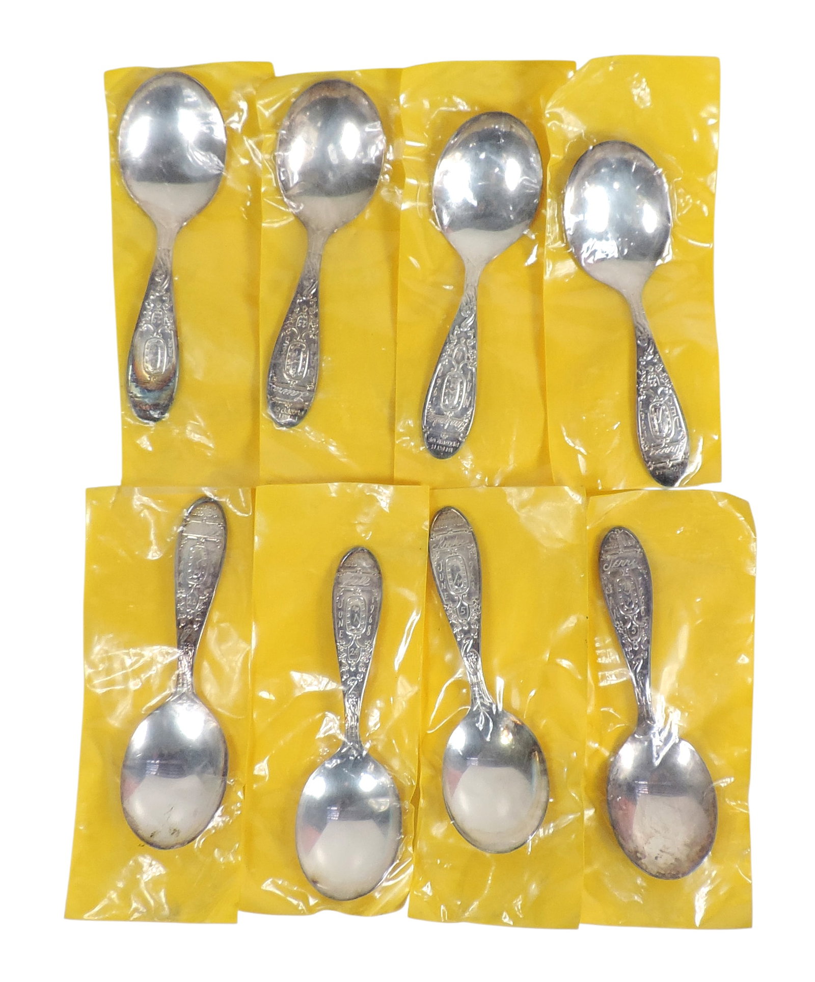 Baby Spoons (8), Wm. Rogers & Sons, Birth Records Stork pattern, features name/date/time/year etc...: Baby Spoons (8), Wm. Rogers & Sons, Birth Records Stork pattern, features name/date/time/year etched into each silver-plated spoon, years include 1967 & 1968, o/all Exc cond w/tarnish, L 4 in.