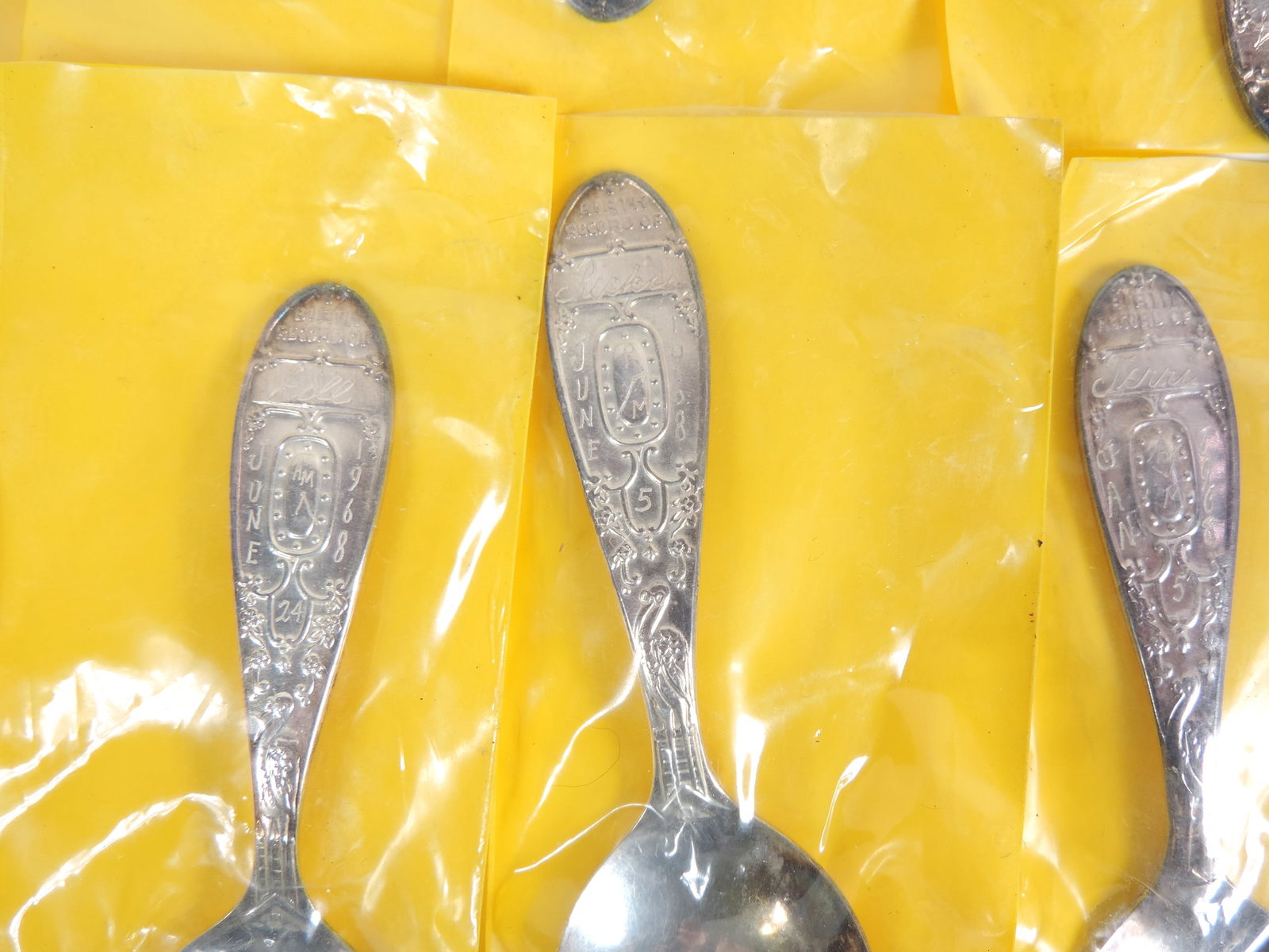 Baby Spoons (8), Wm. Rogers & Sons, Birth Records Stork pattern, features name/date/time/year etc... - 2