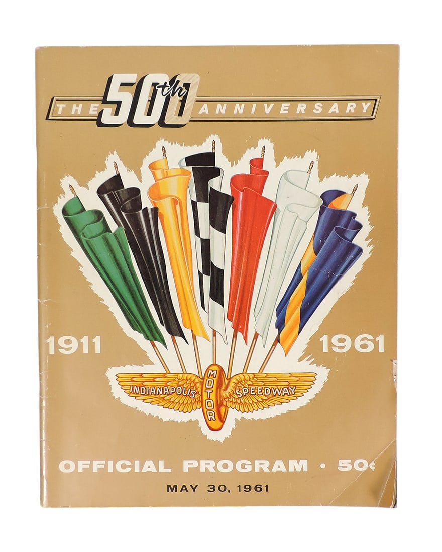 Indy 500 50th Anniversary Official Program from 1961, 112 pgs w/lots of ads, 10 pg promotional ma...: Indy 500 50th Anniversary Official Program from 1961, 112 pgs w/lots of ads, 10 pg promotional mailer listing all the Indy 500 winners since 1911, both in VG cond w/some soft corner bends & Sun Valley