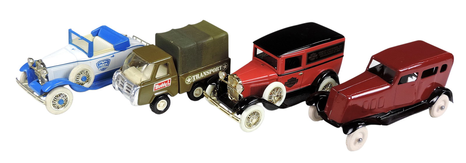 Toy Scale Models (4), Liberty Classics (2), Ford Model A, Harley-Davidson, Inc., Limited Edition ...: Toy Scale Models (4), Liberty Classics (2), Ford Model A, Harley-Davidson, Inc., Limited Edition Bank, Ford Model A Roadster, Limited Edition, advertising Pekin Insurance, Buddy L Transport Army Milit